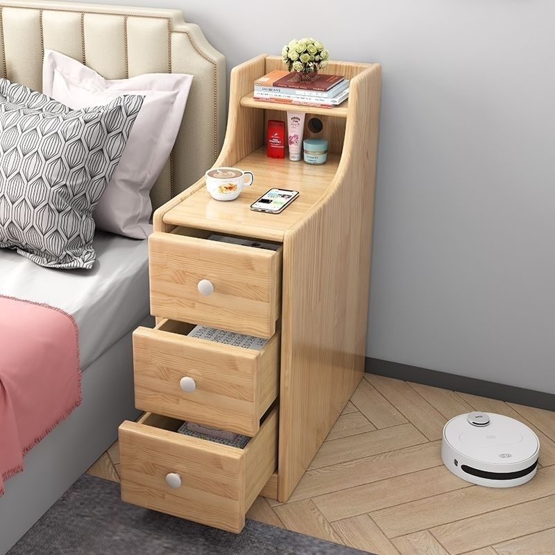 Bedside Table, Small Narrow Cabinet, Bedroom Ultra-Narrow Sofa Side Cabinet, Solid Wood Sandwich Bedside Storage Cabinet, Heightened