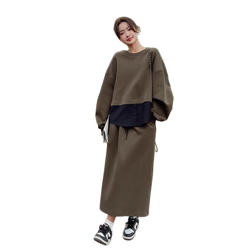 大码假两件卫衣半身裙两件套女春秋新款时尚胖MM宽松减龄漂亮套装|undefined