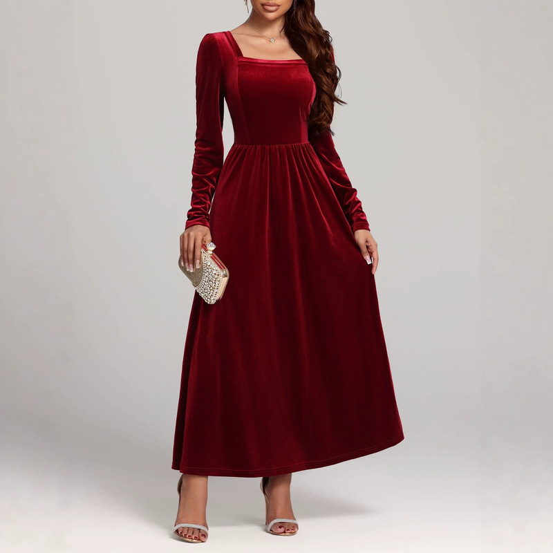 Cross-border 2026 Fall/Winter Bestseller Amazon Foreign Trade European and American Fashion Elegant Evening Dress in Gold Velvet