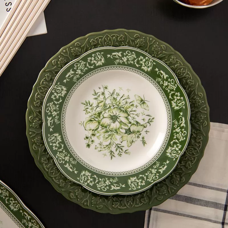 Ceramic dinner plate, retro set, green tableware, European style