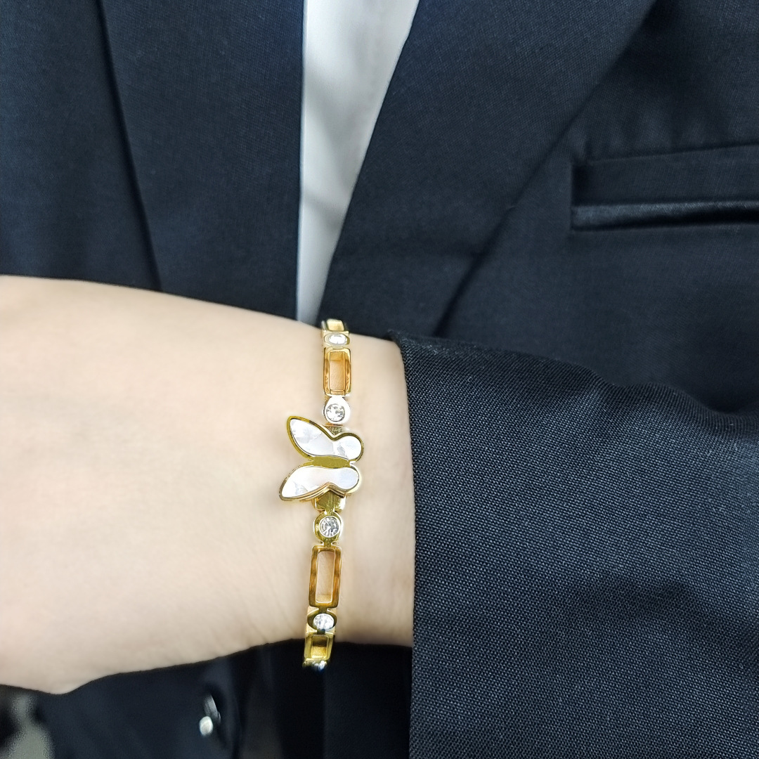 Simple Style Leaf Snake Butterfly Stainless Steel Plating Shell Zircon Bangle 1 Piece