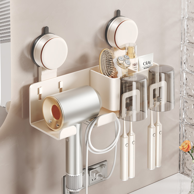 Suction Cup Hair Dryer Holder, No-Drill Integrated Bracket, Bathroom Toothbrush Holder, Wall-Mounted Bathroom Toothbrush and Mouthwash Cup Holder