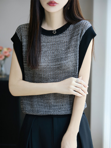 New summer thin 100% Lysel tensel knitted shirt hollow round collar color matching cool T-shirt