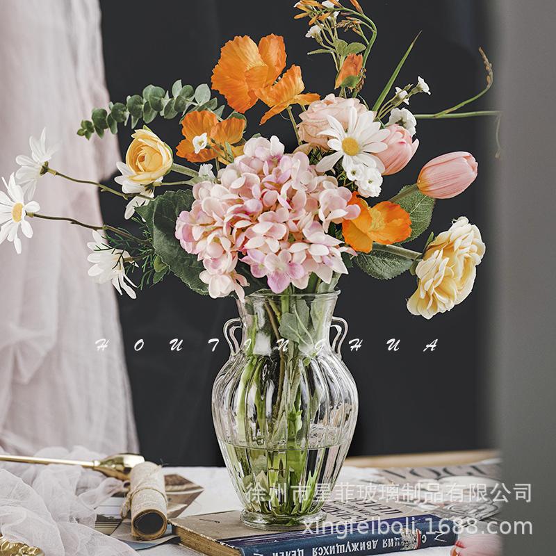 Vaso de vidrio retrógrado europeo en forma de jarro de doble oreja transparente hidropónico francés ramo de flores frescas secas adornos domésticos de gran calibre