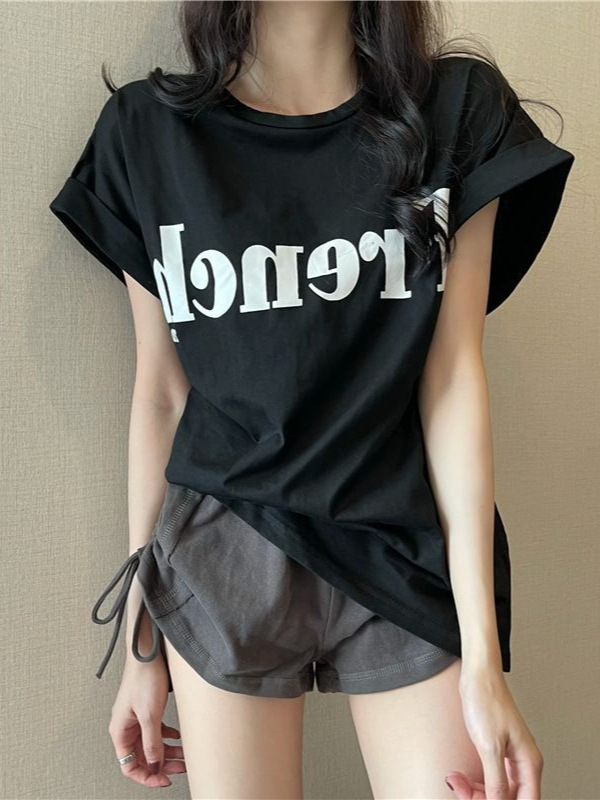 ins純粋な欲望プリントオフショルダー半袖Tシャツレディース夏韓国版新しいルーズラウンドネック半袖ボトムレディースTシャツトレンディ