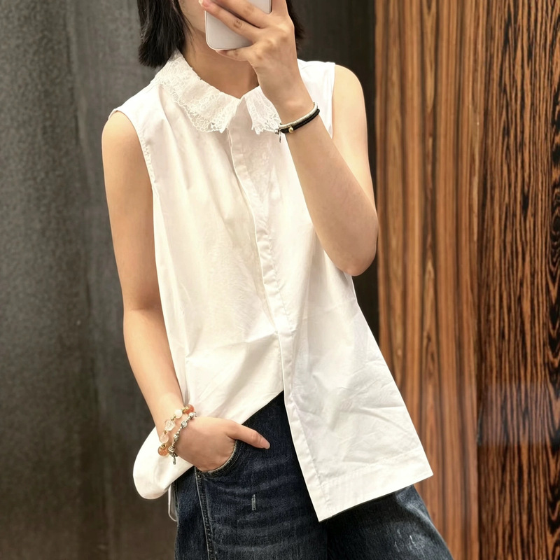26 Autumn Exquisite Lace Ruffled Small Stand Collar Simple High-end Tailored Versatile Sleeveless Cotton Shirt 06 26 Autumn Exquisite Lace Ruffled Small Stand Collar Simple High-end Tailored Versatile Sleeveless Cotton Shirt 06