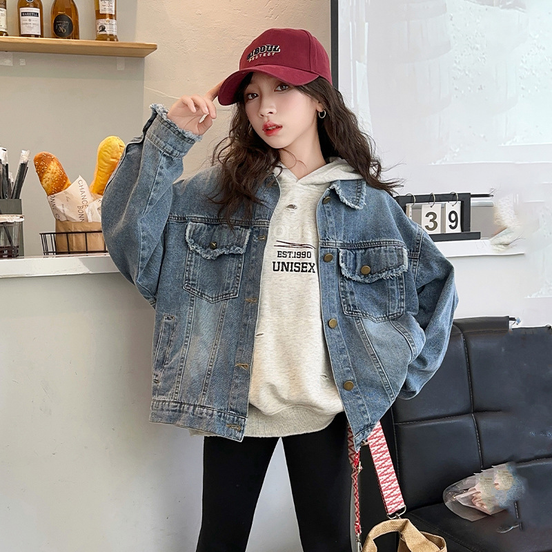Girl's Coat Spring and Autumn 2024 New Children's Girl's Denim Coat Girl's Clothes Foreign Style Top for Foreign Trade