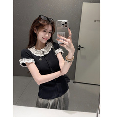 时尚别致木耳边拼接波点百搭短袖T恤女夏季小个子甜美减龄上衣ins