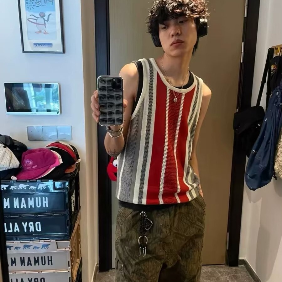 美式复古撞色条纹外穿背心男女夏季慵懒宽松设计感提花针织衫上衣