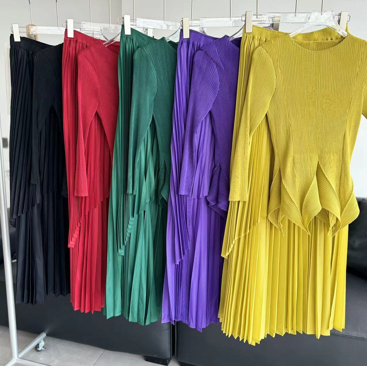 Women's Clothing solid color evening dress long sleeve two piece set floral hem elastic waist skirt top elegant commuter suit_voghion.com