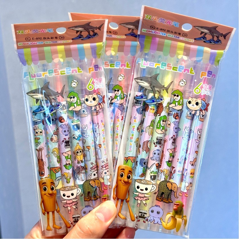 6 juegos de dibujos animados de doble cabeza marcador de punta de color