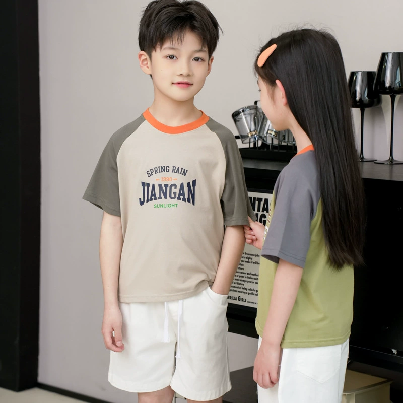 Детская хлопковая футболка с короткими рукавами, новая летняя реглан, соответствующая цвету, корейский стиль, повседневная футболка с половиной рукавов, контрастного цвета, прямая продажа с фабрики