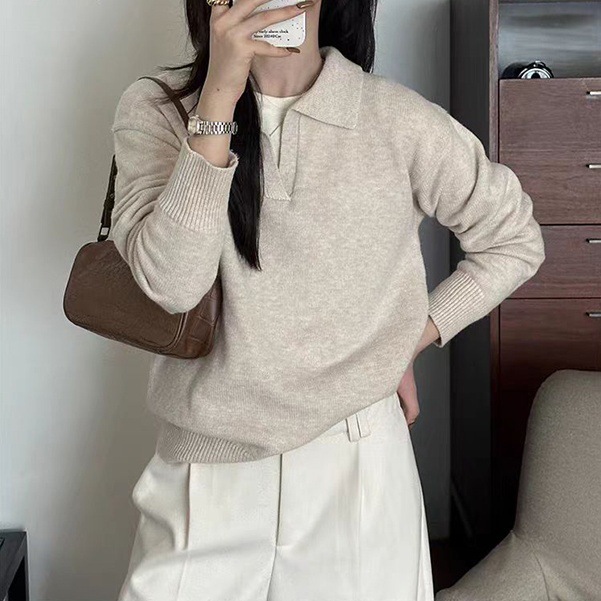 软糯polo翻领毛衣女内搭秋冬复古港味慵懒风上衣休闲针织打底衫女|undefined