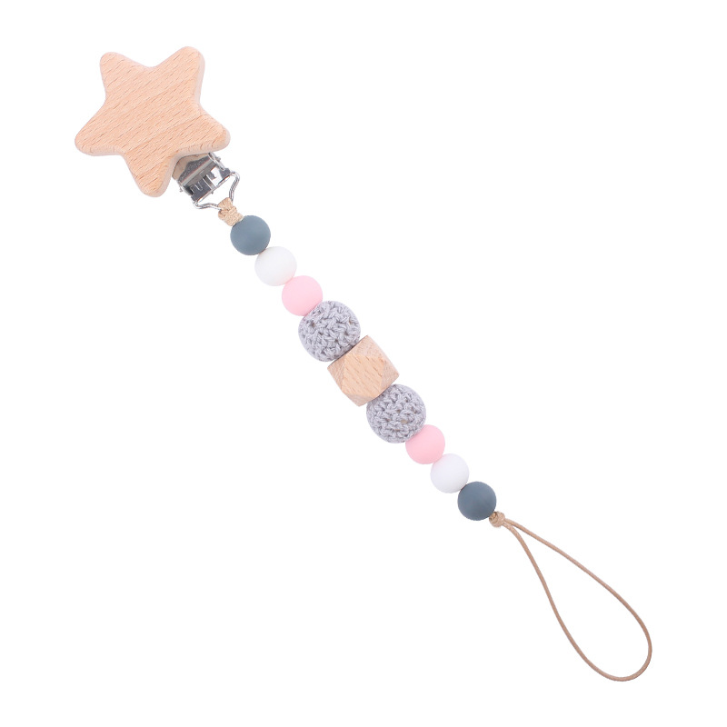 Nuevo bebé suministros estrella haya chupete clip bebé creativo madera octogonal mordedura silicona molar anti-gota cadena