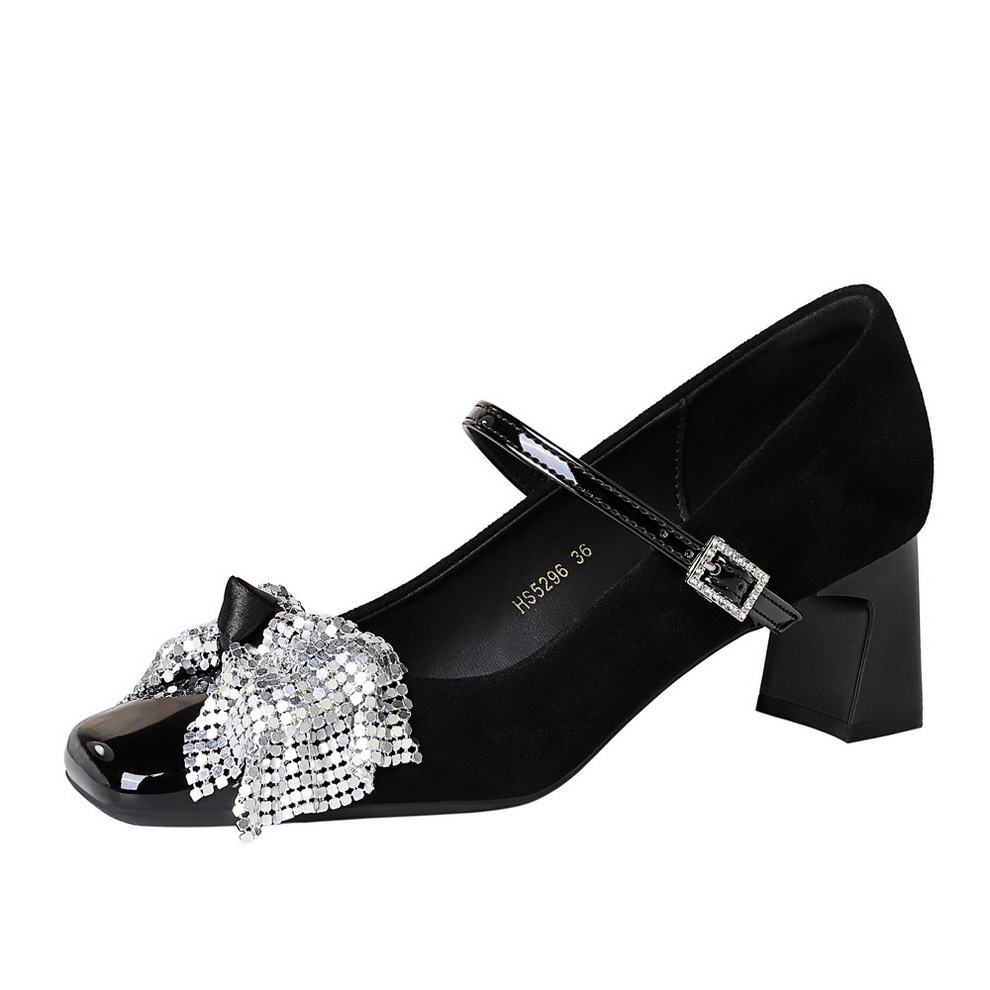 Mary Jane Heels Women's Square Toe Rhinestone Bow Chunky Shoes_voghion.com