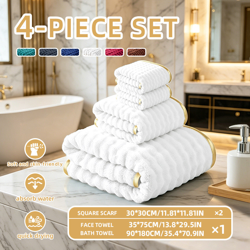 Luxurious 4-Piece Towel Set Includes 1 Large Bath Towel, 1 Towel, and 2 Square Towels, Made of Coral Fleece, Soft and Skin-Friendly Luxurious 4-Piece Towel Set Includes 1 Large Bath Towel, 1 Towel, and 2 Square Towels, Made of Coral Fleece, Soft and Skin-Friendly