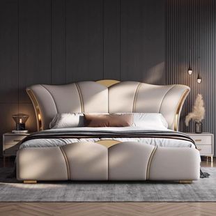 Italian-Style Light Luxury Genuine Leather Double Bed, Modern and Simple, 1.5m Storage Beds, Master Bedroom Wedding Bed, 2m Large Bed 1.8 Leather Art