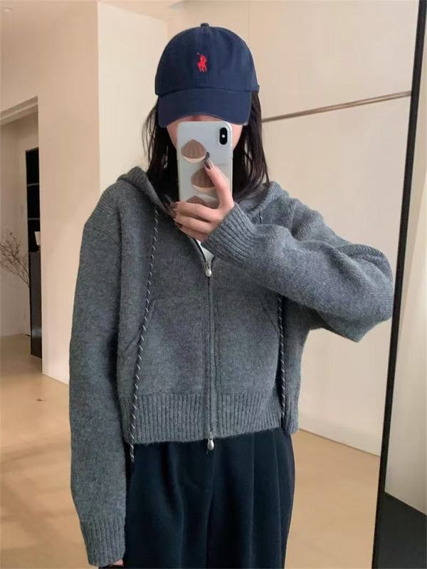 时尚慵懒风连帽针织开衫毛衣女秋冬季新款宽松短款休闲外套上衣|undefined