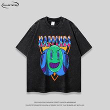 美式复古笑脸印花气球笑脸洗水宽松嘻哈圆领T恤男女潮牌上衣tee