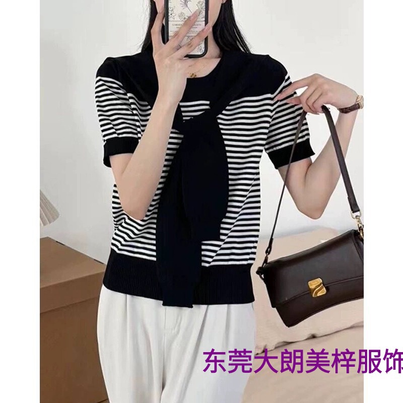 2024 Spring and Summer New Slim Wool Knitwear Women's Stripesd Round Neck Short-Sleeved T-Shirt Shawl Top Two-Piece Set