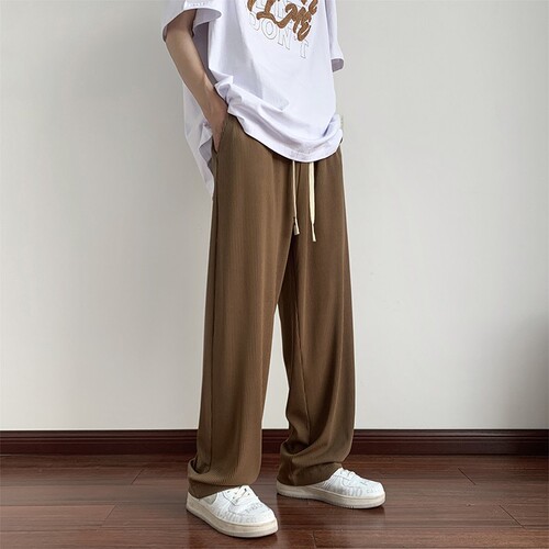 Hanging brown ice silk pants, men's thin American summer casual pants, high street fashion brand loose straight wide-leg pants