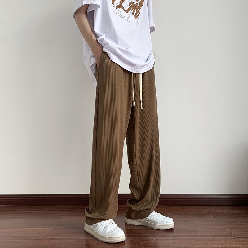 Drapey Brown Ice Silk Pants Men's Thin American Summer Casual Trousers High Street Fashion Brand Loose Straight Wide Leg Pants