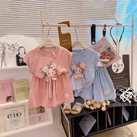 女童套装夏装2025新款韩系甜美可爱卡通短袖T恤短裤时尚两件套潮