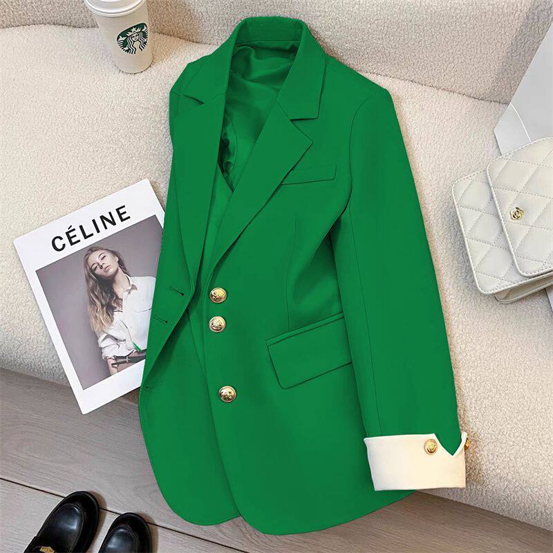 Áo blazer vest nữ thiết kế cao cấp dáng suông, tay dài, cổ vest, phối màu, phong cách Hàn Quốc — Khoai môn tím, gừng vàng, màu xanh ngọc lục bảo, màu xanh nhạt chi tiết 17