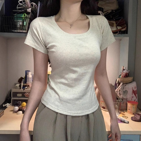 纯棉正肩U领短袖T恤女夏季正肩纯色修身显瘦百搭内搭打底衫上衣潮