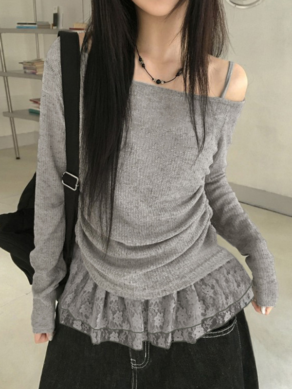 韩版辣妹微透斜领薄款露肩针织罩衫女夏季假两件蕾丝抽褶收腰上衣|undefined