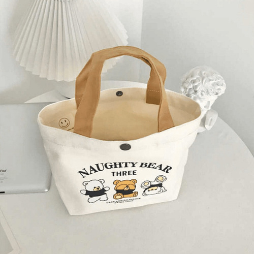 Cute Bear Canvas Bag for Women, Printable and Versatile Student Portable Office Hand Carry Lunch Bag Handbag Canvas Tote