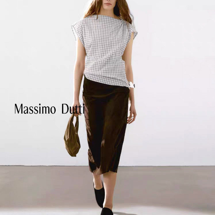 Massimo Dutti Women's 2026 Spring-Summer New Style Draped Collar Plaid Waist-Cinching Short-Sleeved Shirt Top Massimo Dutti Women's 2026 Spring-Summer New Style Draped Collar Plaid Waist-Cinching Short-Sleeved Shirt Top