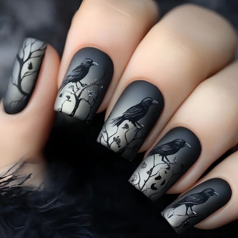 Gray Crow Medium-Length Square-Shaped Nail Patches, European and American Fashion Nail Patches, Removable Wearable Nails Gray Crow Medium-Length Square-Shaped Nail Patches, European and American Fashion Nail Patches, Removable Wearable Nails