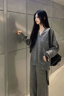 阔腿裤韩版新款v领针织两件套通勤慵懒风休闲宽松套装女秋冬毛衣