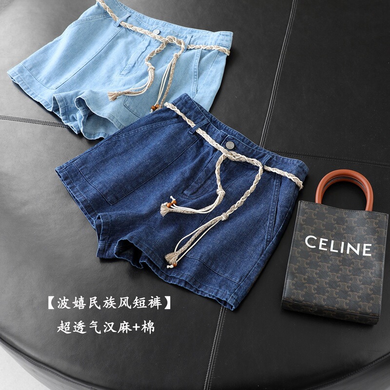 Naturally Relaxed! Bohemian Ethnic Style~Breathable Hemp+ Cotton Denim Shorts That Make Your Legs Look Longer, Women's Summer New Style