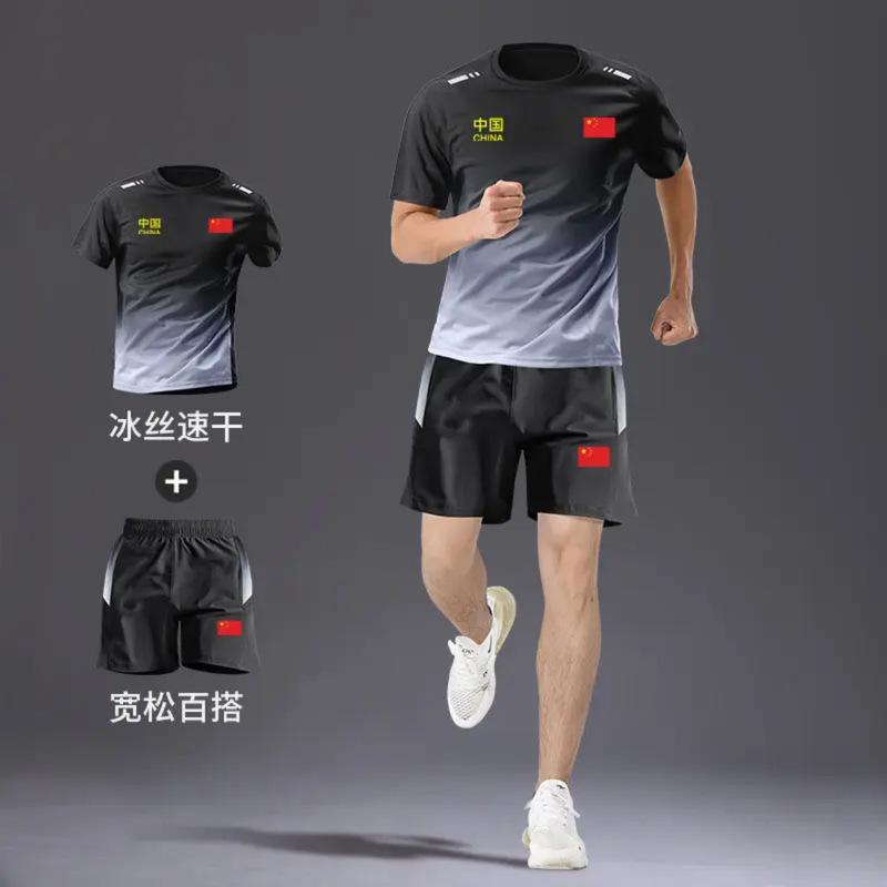 中国チームメンズスポーツスーツツーピース速乾性卓球カジュアル半袖5点パンツランニングフィットネススーツ|undefined