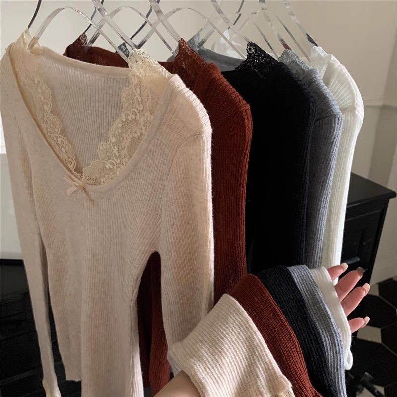 Pure Desire Style Lace Stitching Knitwear Women's Autumn and Winter New Slim-fit Slimming Sexy Base Sweater Top Trendy Pure Desire Style Lace Stitching Knitwear Women's Autumn and Winter New Slim-fit Slimming Sexy Base Sweater Top Trendy