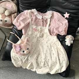 女宝韩版学院风娃娃领两件套中大童卡通背带裤夏季新款短袖裤套装