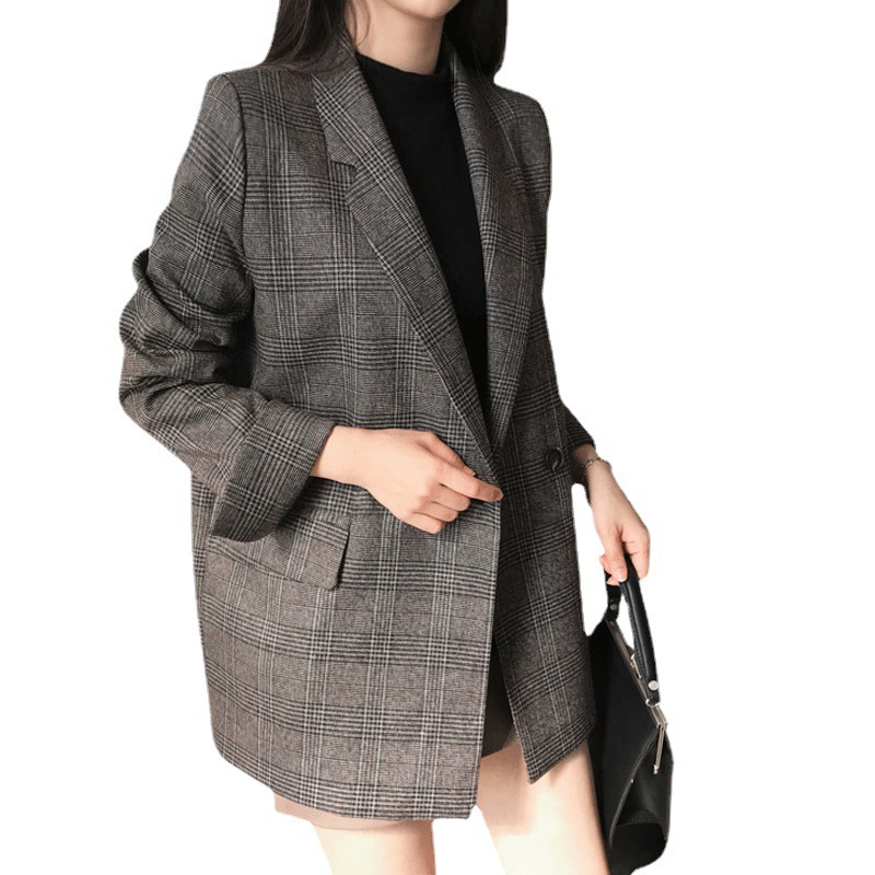 Women's Loose-Fitting Autumn Retro-Style Jacket With Grid Pattern, Wholesale Small Suit Tops_ecoleips.com