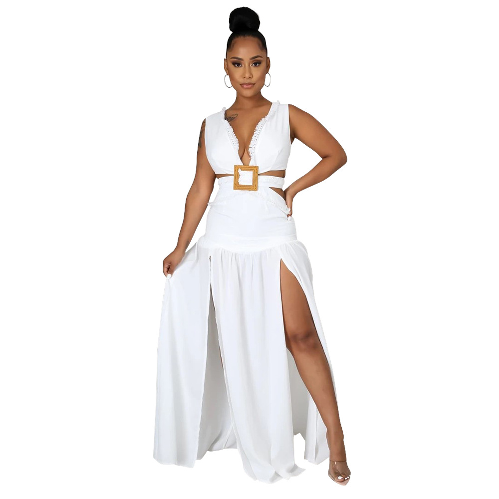 Deep V-Neck Long Skirt Cotton Dress NSCYF68186
