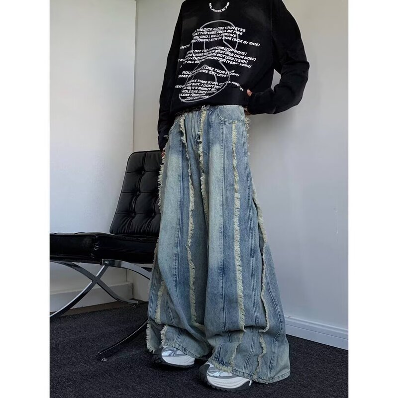 American-style vibe-style rough-edged jeans men's and women's trendy high-street heavy craft floor-mopping pants design sense niche wide-leg pants