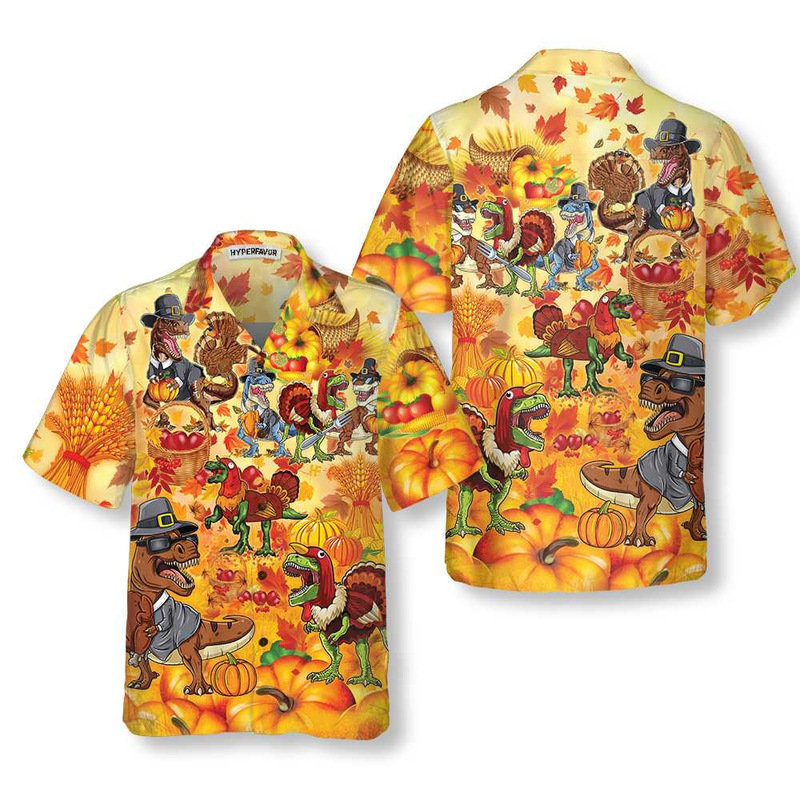 European and American Cross-Border Independent Station New Fashion Happy Thanksgiving Dinosaur Tyrannosaurus Rex Thanksgiving Hawaiian Shirt