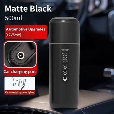 Cross-Border Spot Portable Car Water Cup 12V24V Universal USB Thermal Insulation Large Car Dual-Purpose Electric Water Kettle (Digər kiçik elektrik cihazlar) - english-version-shining-black-12v24v-vehicle-use-500ml