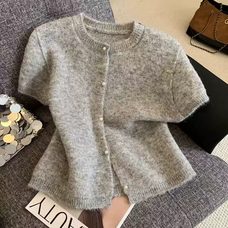 大朗针织工厂高级感法式甜美风2026春夏款设计感短袖针织开衫毛衣