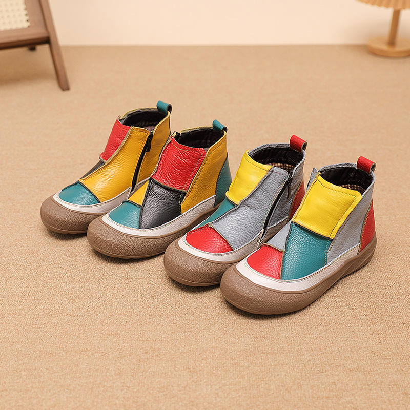 2025秋冬拼色女鞋短靴头层牛皮舒适一脚蹬单鞋休闲新款