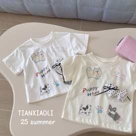 带公仔~夏季时髦女童100%纯棉短袖宽松T恤韩版卡通狗狗中小童上衣