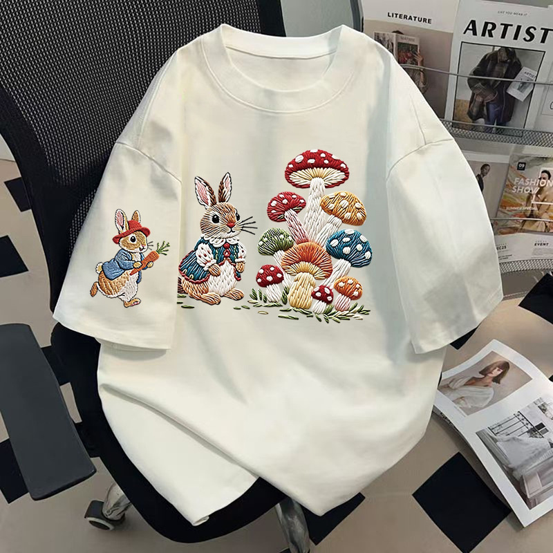 Pure Cotton Mushroom Rabbit Print Short-Sleeved T-Shirt for Women Summer 2026 New Style White Fashionable Age-Reducing Round Neck Top Trendy Pure Cotton Mushroom Rabbit Print Short-Sleeved T-Shirt for Women Summer 2026 New Style White Fashionable Age-Reducing Round Neck Top Trendy