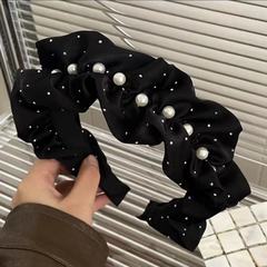 黑色珍珠發箍女小香風褶皺秋冬感百搭髮夾高顱頂防滑寬邊頭箍