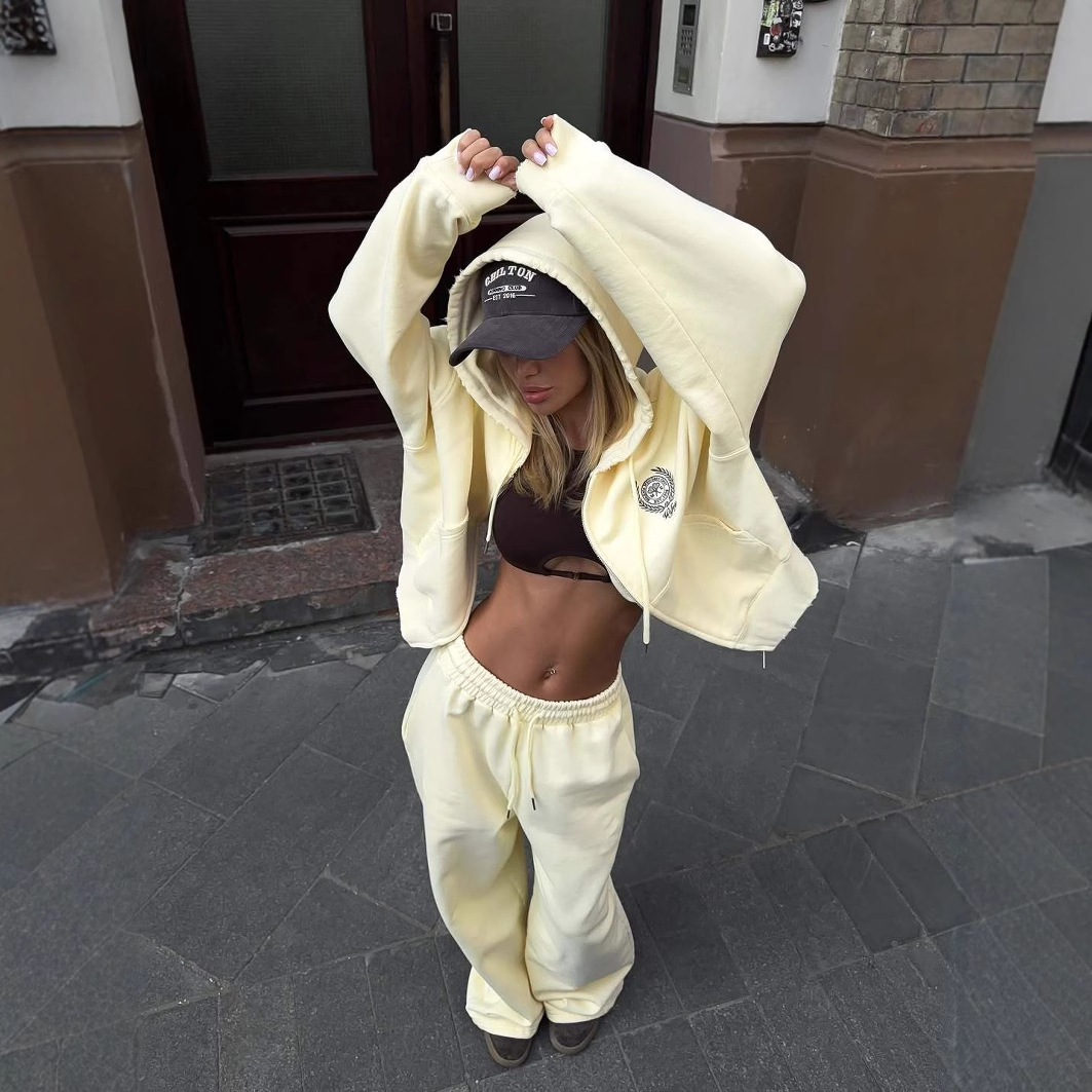 Cross-Border European and American Sports Hooded Suit Embroidered Zipper Pure Cotton Cardigan Sweatshirt Straight Floor-Length Pants Women's Trendy