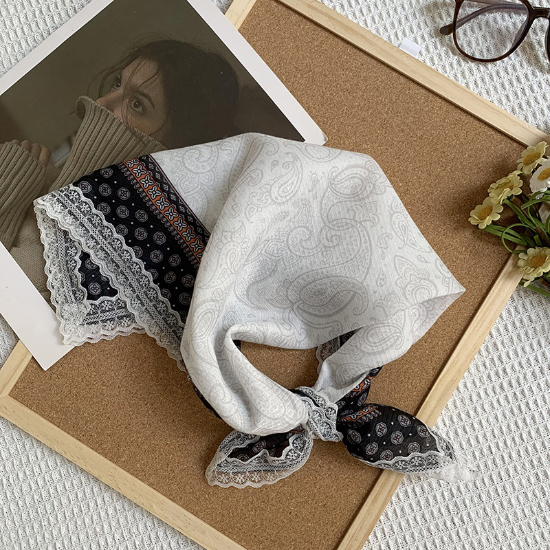 Bufanda de seda, bufanda cuadrada pequeña, sensación de alta calidad, nuevo pañuelo de encaje francés, diadema pastoral femenina de verano, cinta para el cabello atada